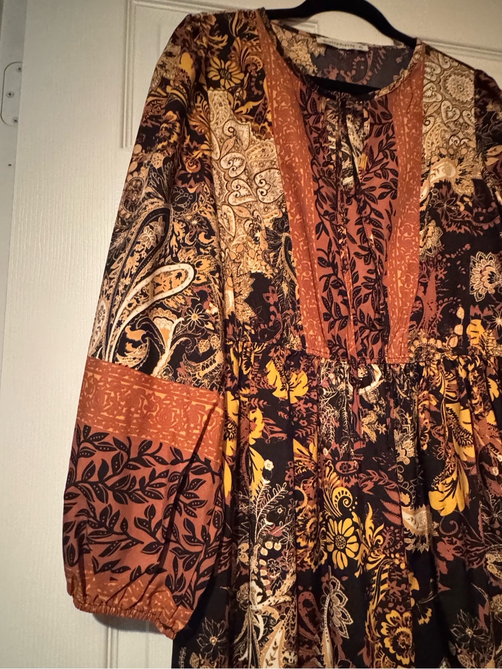 Rusty Dusty Sz XL Boho Paisley Patchwork Long Sleeve Maxi Dress in Rust & Black - Picture 4 of 9
